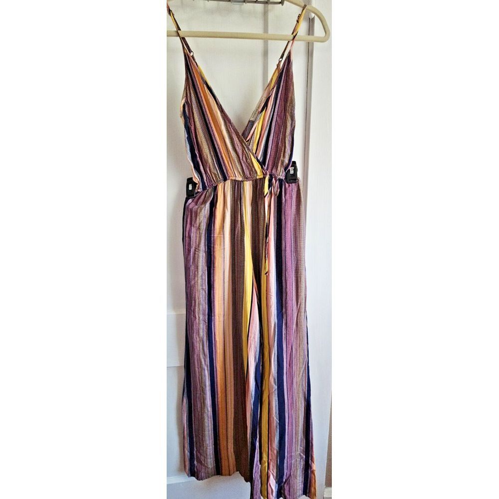 band of gypsies women Sz XS wide leg surplice neck striped jumpsuit pockets